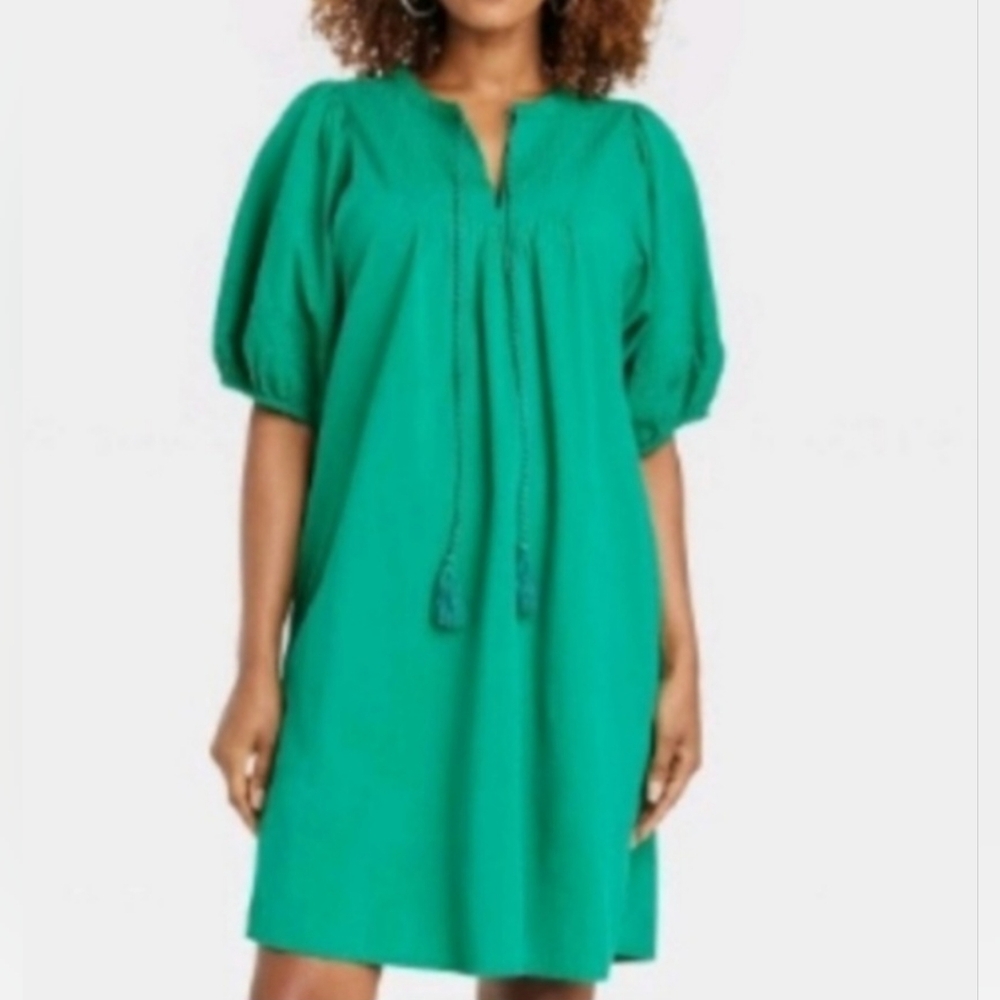Knox Rose Kelly Green Balloon Sleeves Shift Mini Boho Peasant Dress L